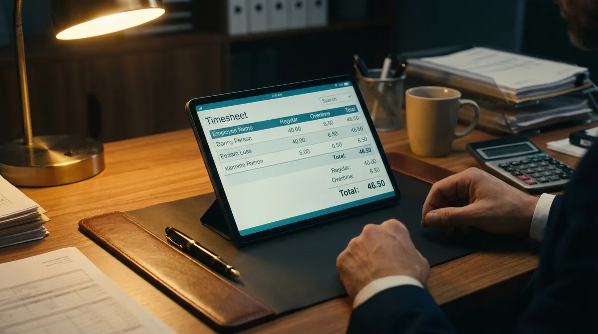 Payroll Hours Calculator Interface showing daily hours input and gross pay result