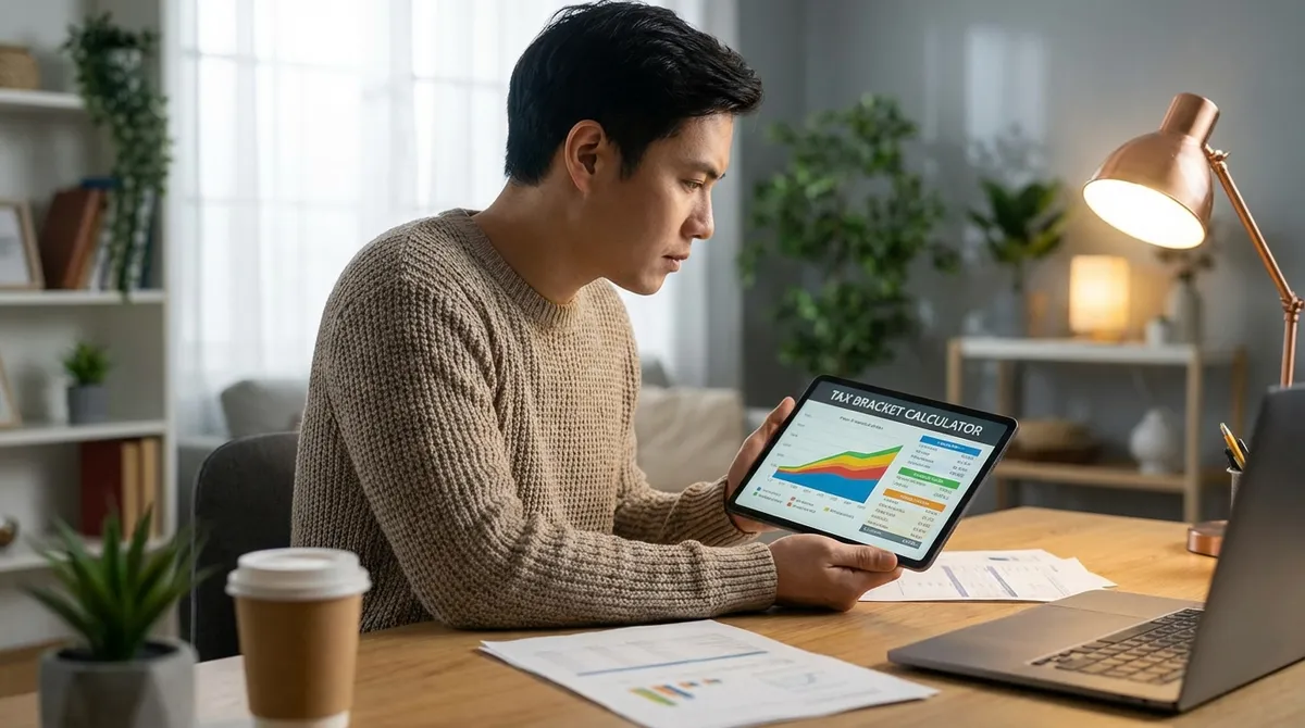 Person analyzing tax brackets on a tablet in a modern home office
