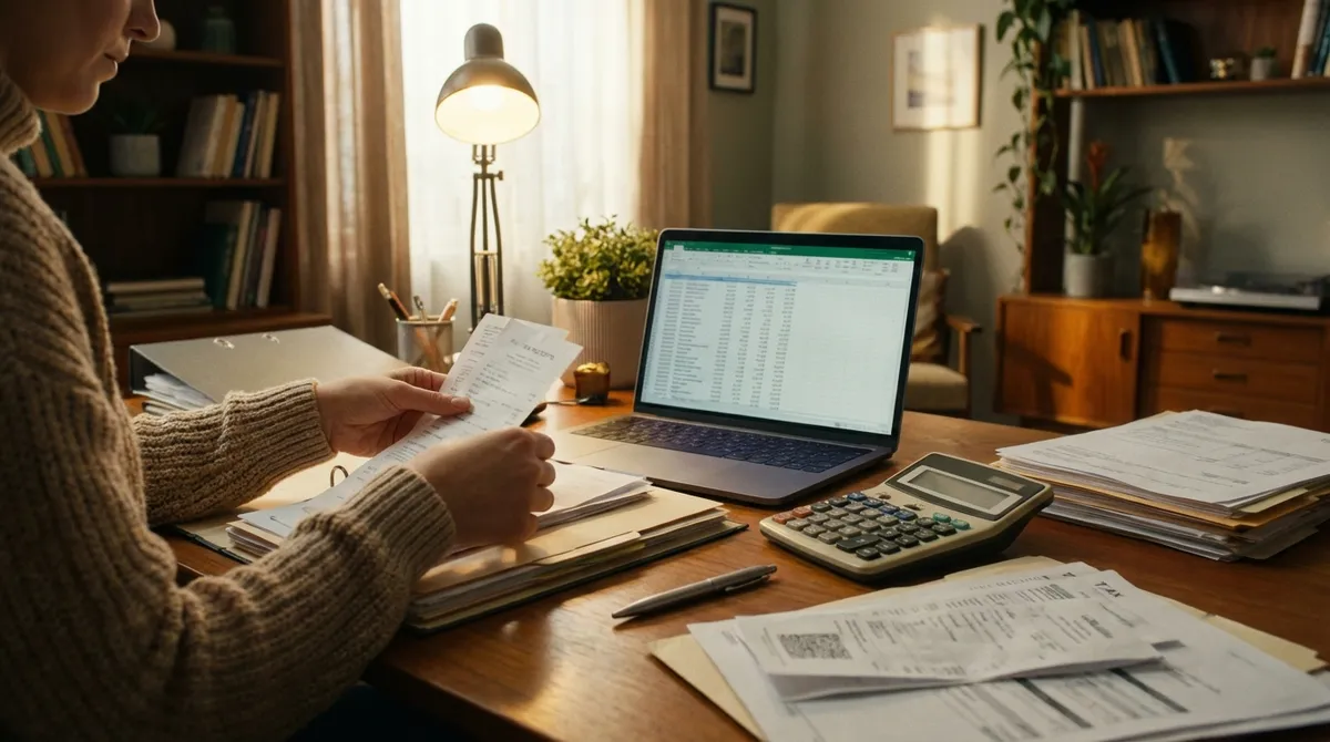 Person organizing tax receipts and documents for itemized vs standard deduction comparison