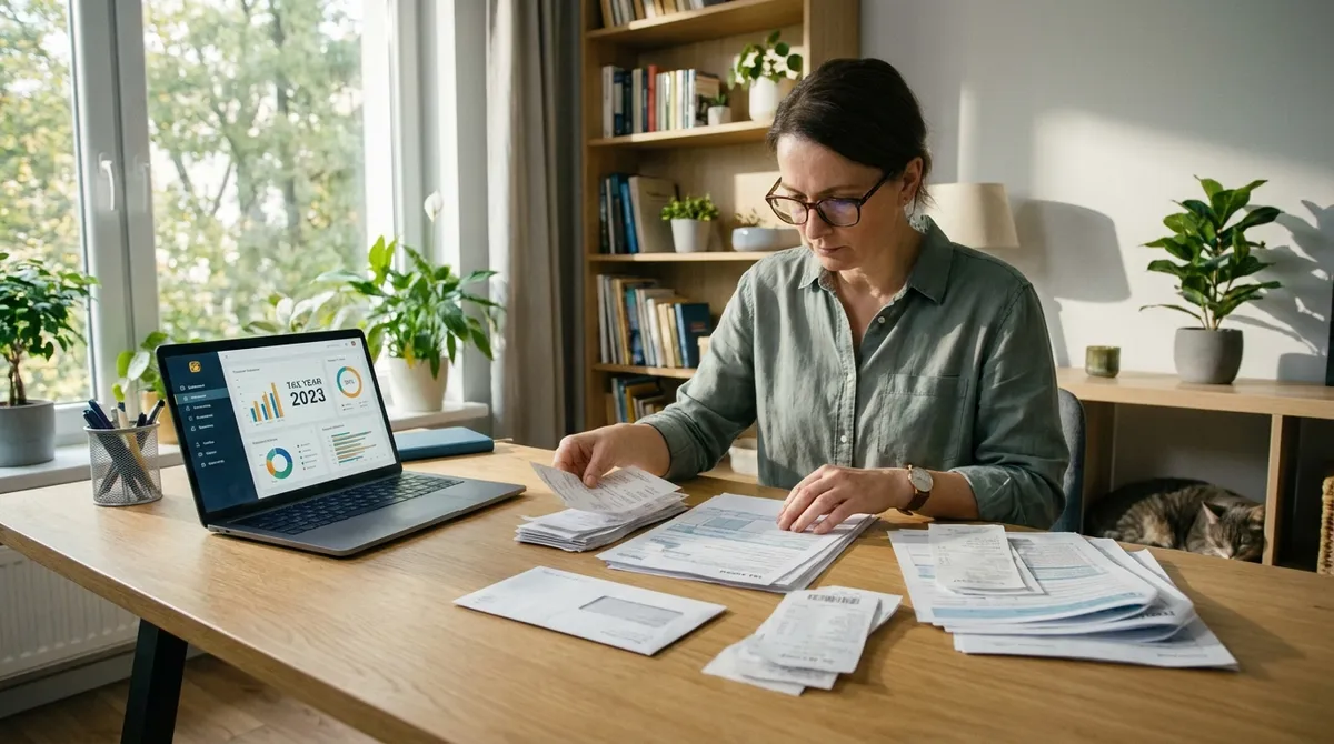 Person organizing tax documents and using a calculator for 2024 tax return