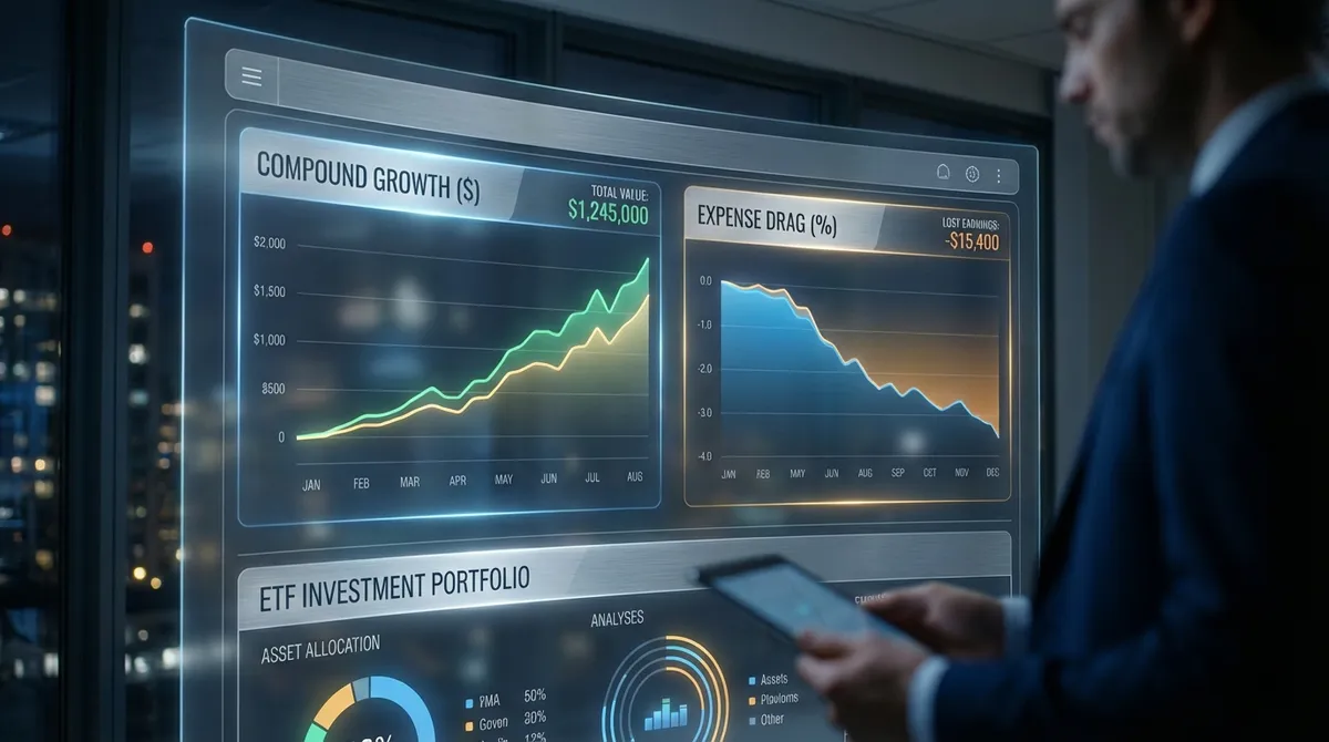 ETF Calculator showing expense drag charts and rebalancing tools