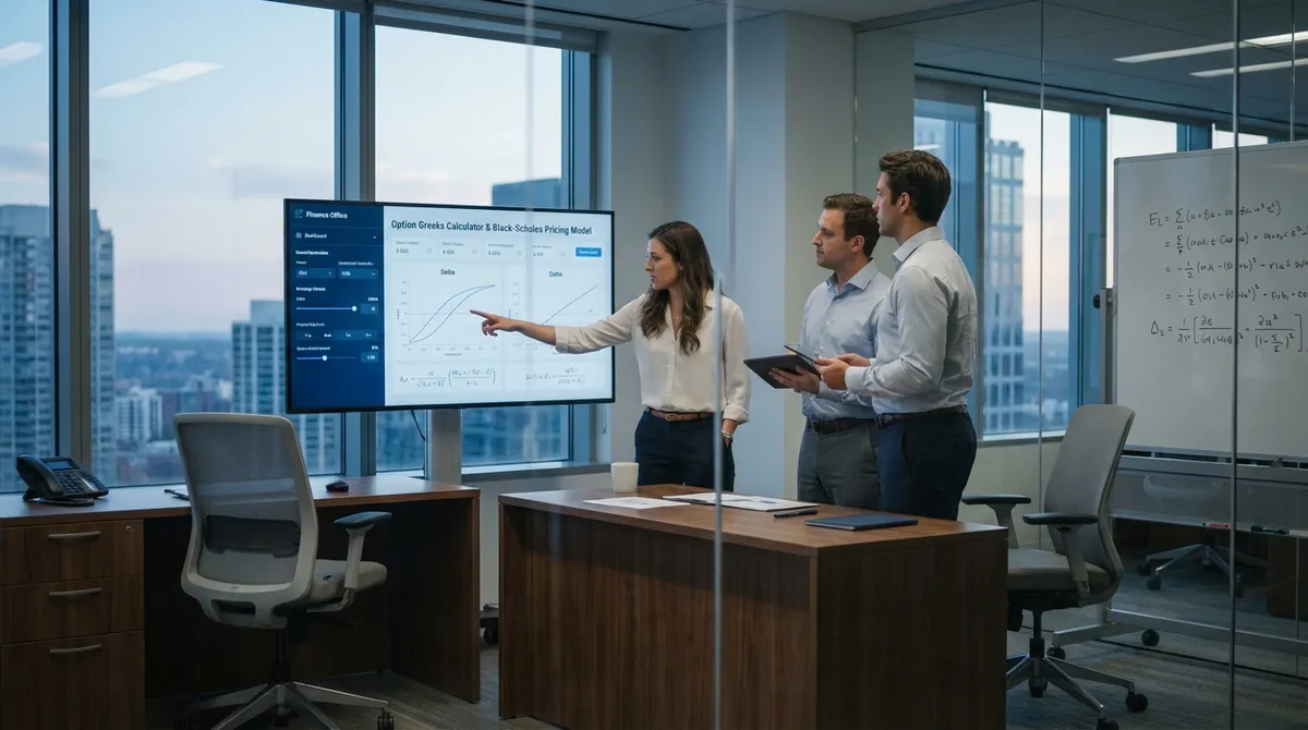 Option Calculator Interface showing Black-Scholes pricing and Greeks analysis