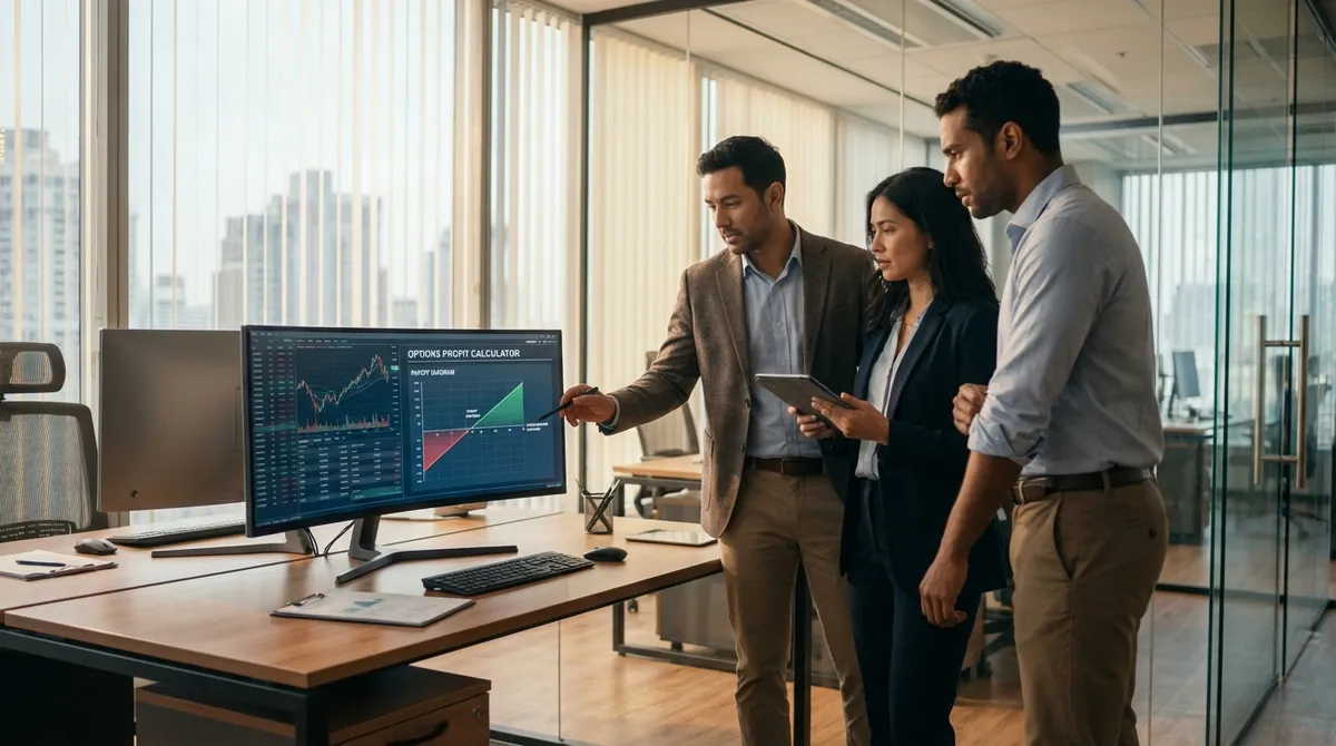 Options Profit Calculator Interface showing Payoff Diagram and Greeks
