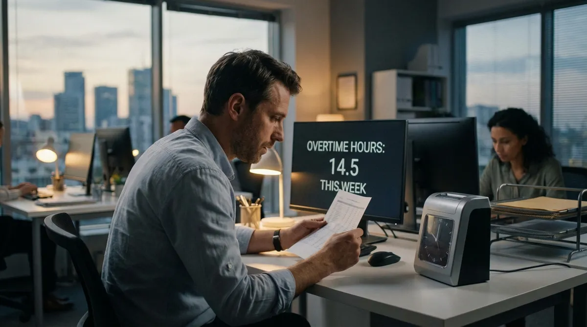 Employee checking time card for overtime hours