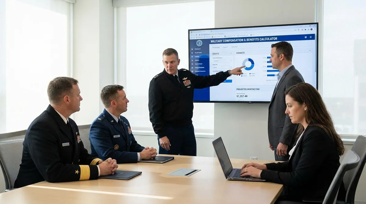 Military Pay Calculator showing Base Pay, BAH, and BAS calculations