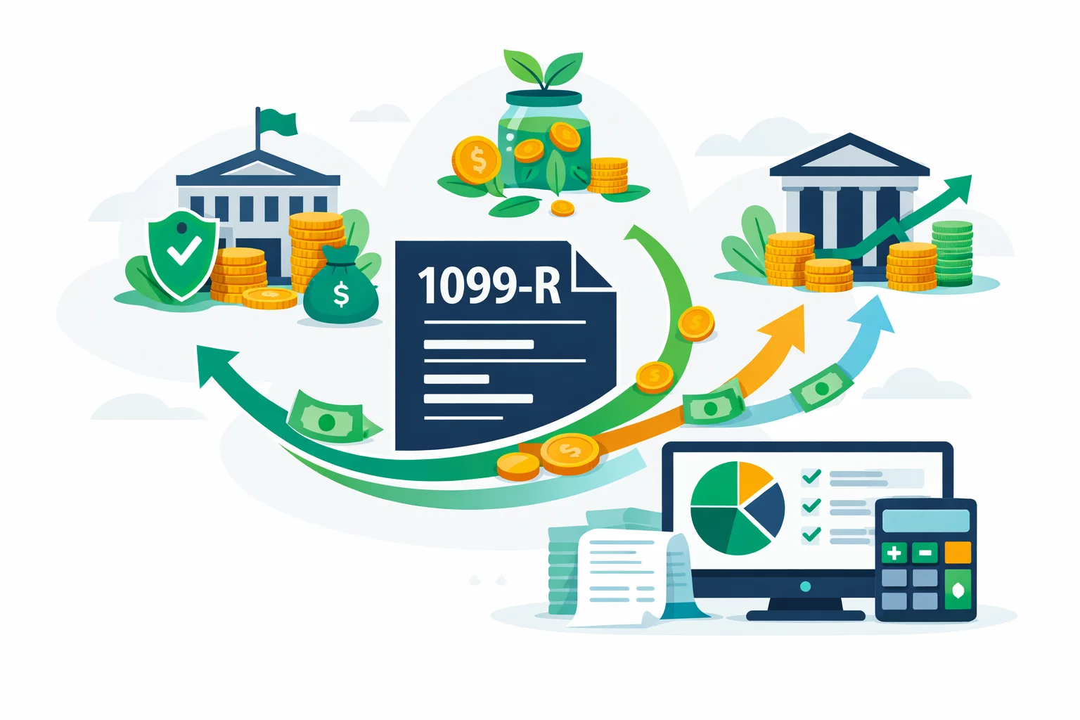1099-R retirement distribution tax breakdown showing pension IRA and 401k withdrawal taxation