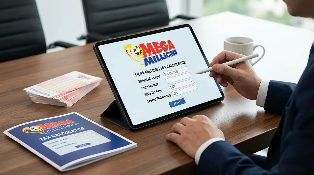 Mega Millions lottery tickets and tax forms explaining the jackpot breakdown