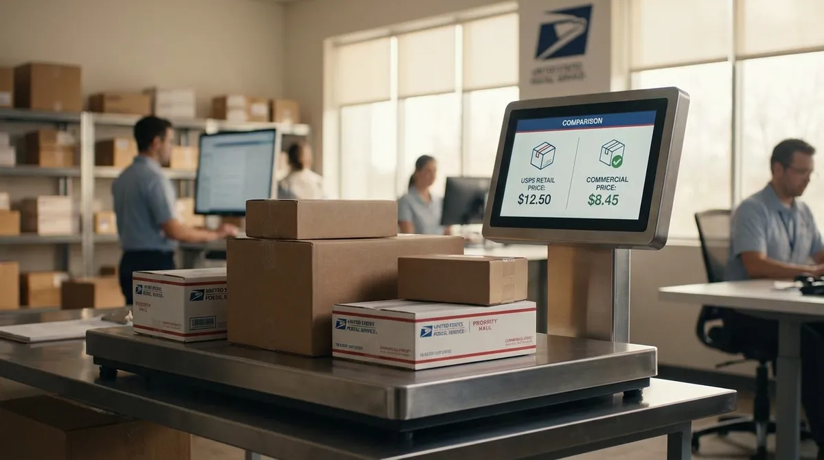 USPS Rate Calculator showing Retail vs Commercial Pricing comparison