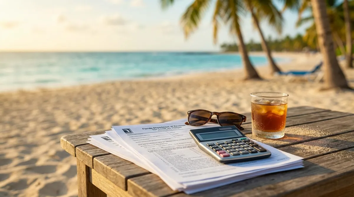 Florida Tax Calculator illustration showing tax forms and a calculator on a desk