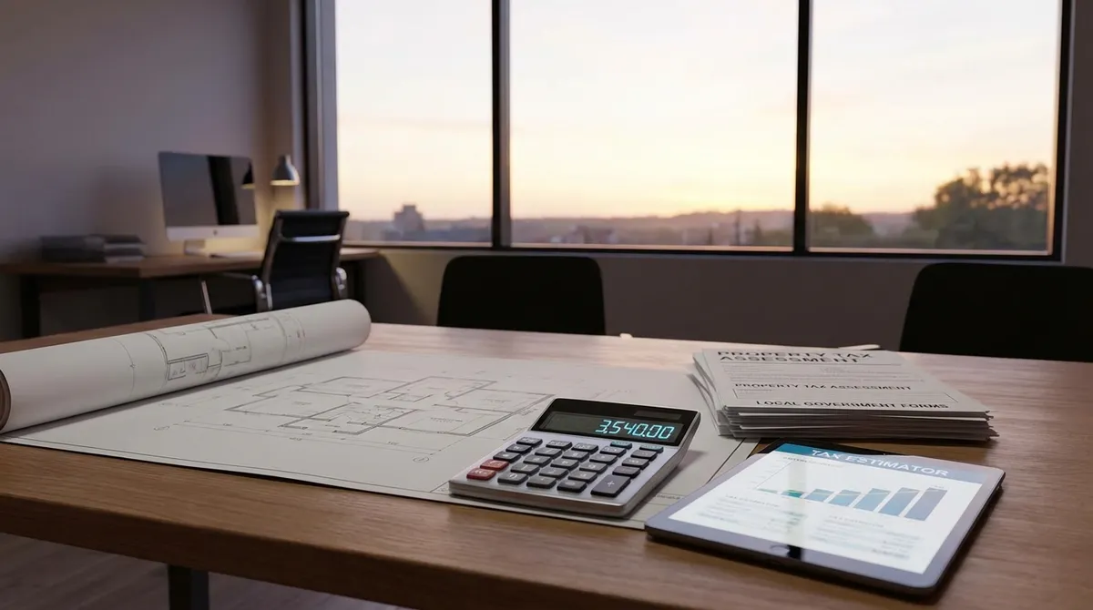 Property Tax Calculator concept showing a house blueprint with calculator and tax documents