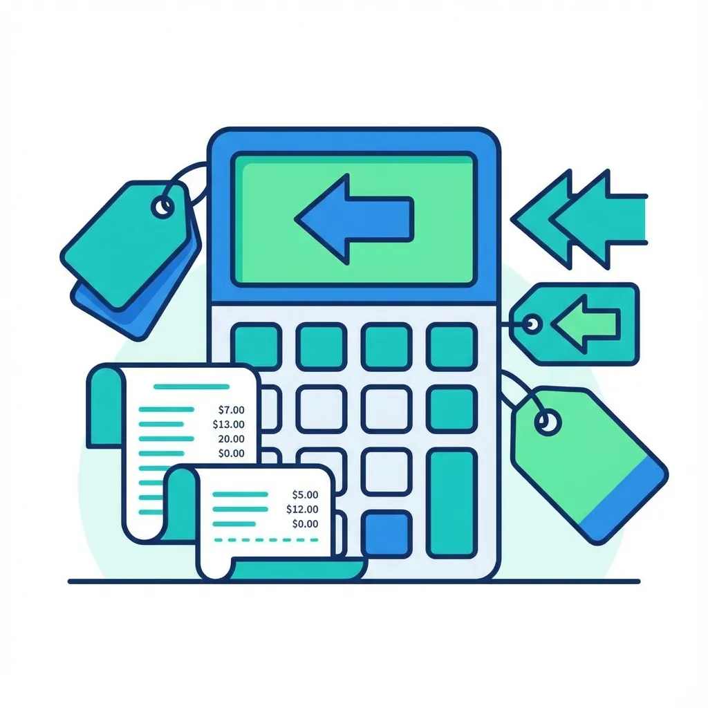 Illustration of reverse sales tax calculation showing price tags and calculator