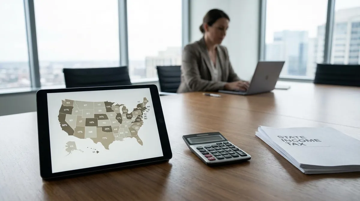 State Income Tax Calculator concept with US map and financial documents