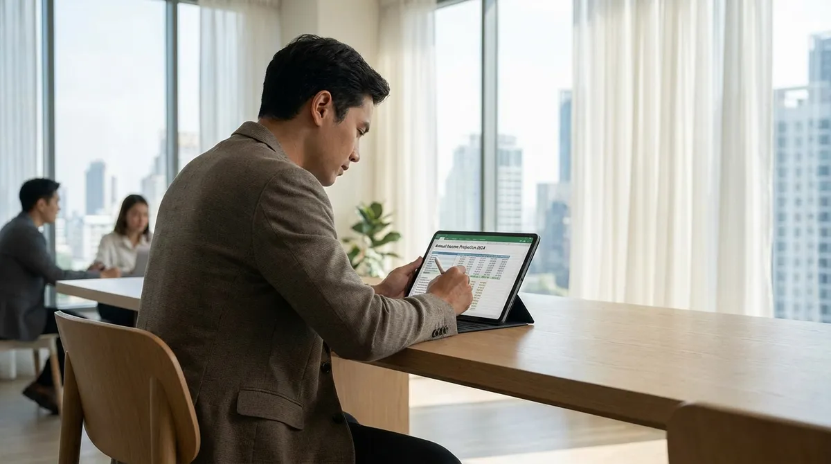 Professional calculating annual income on a tablet