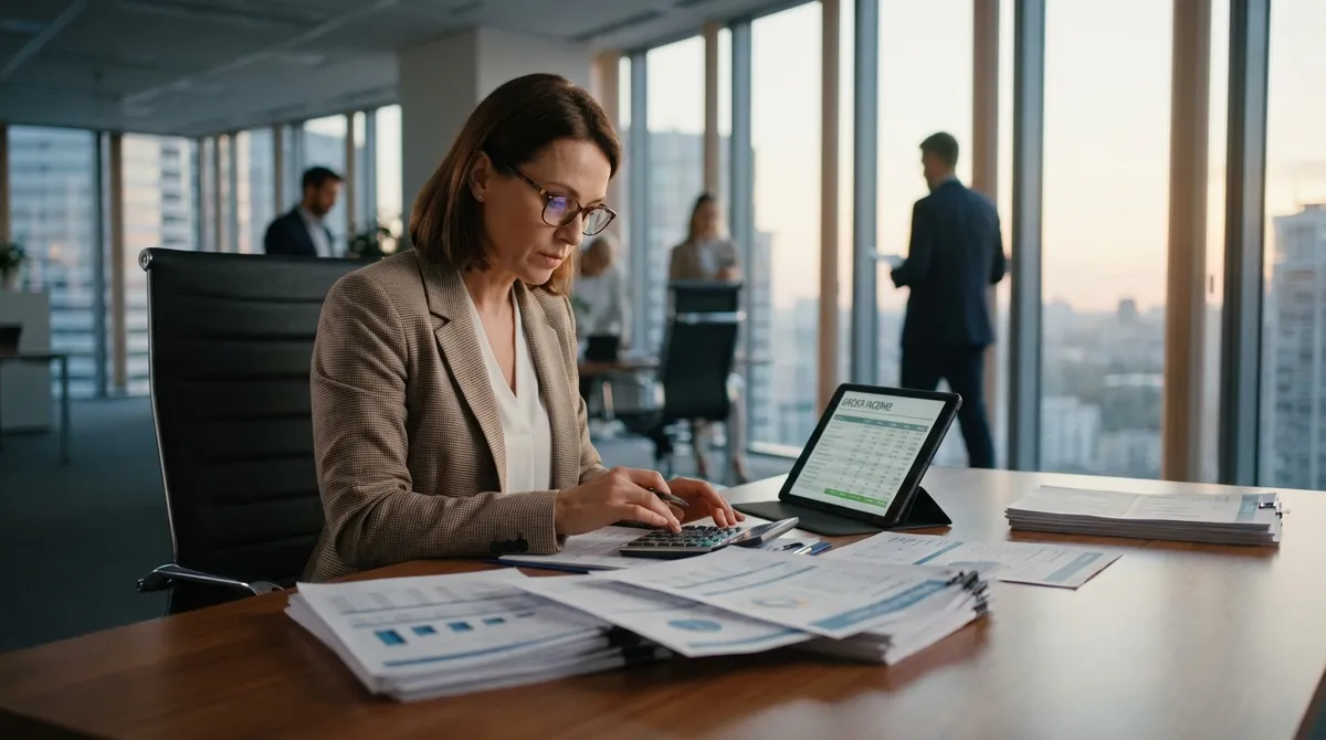 Professional analyzing financial documents and calculating gross income