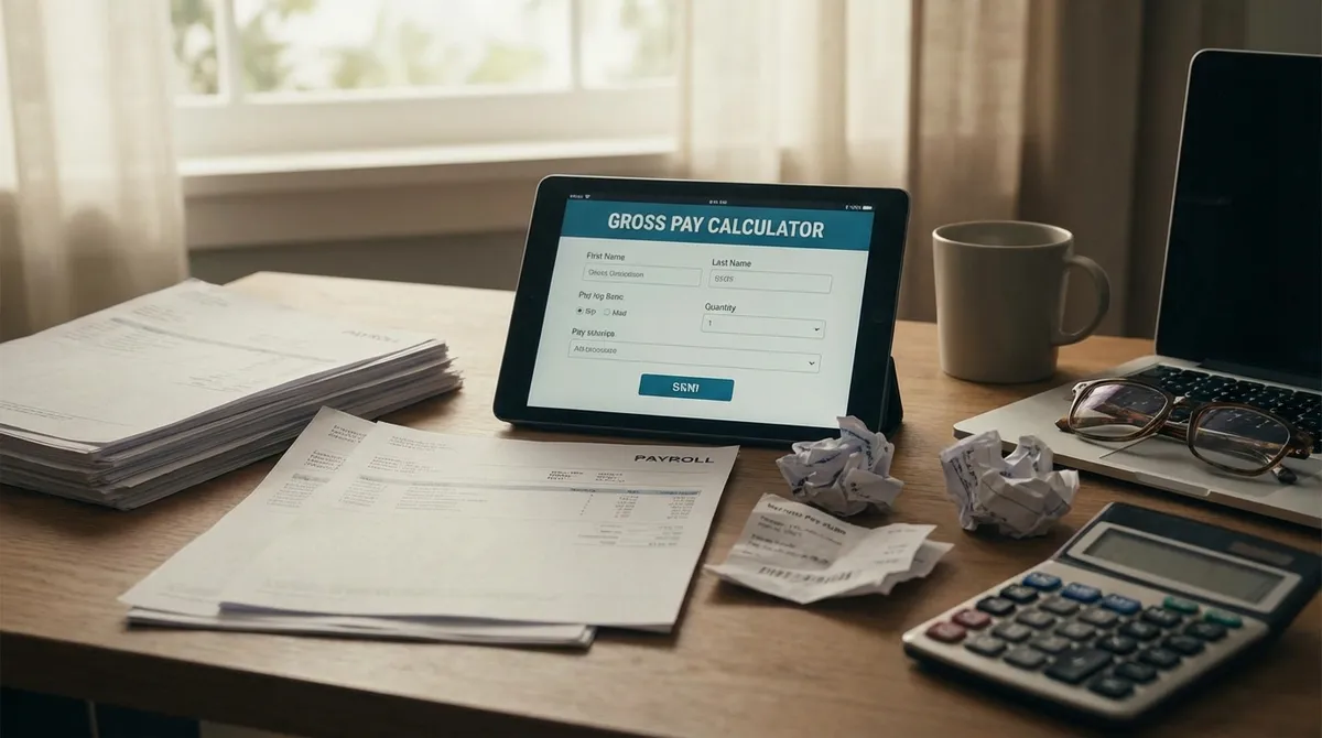 Gross Pay Calculator concept showing payroll documents and calculator