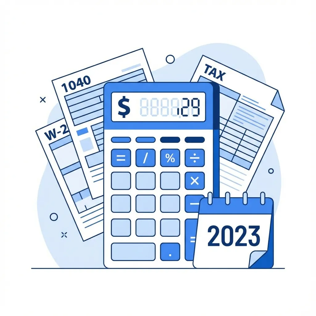 Person calculating 2023 taxes with documents and calculator