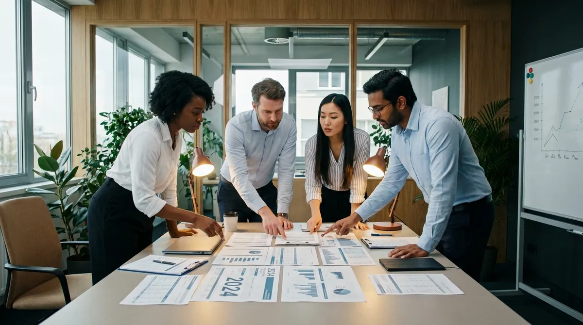 Professionals analyzing 2024 tax documents in a modern office